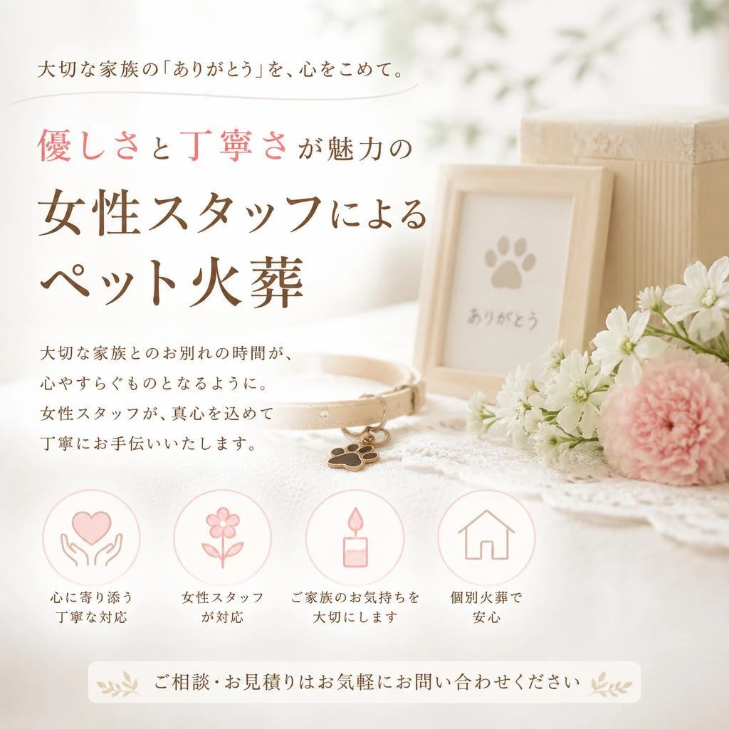 優しさと丁寧さが魅力の女性スタッフによるペット火葬